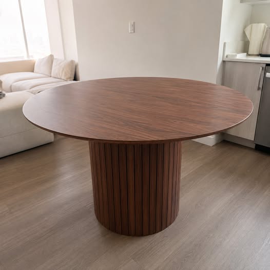 Aria Round 47-inch walnut-finish round dining table with fluted pedestal base