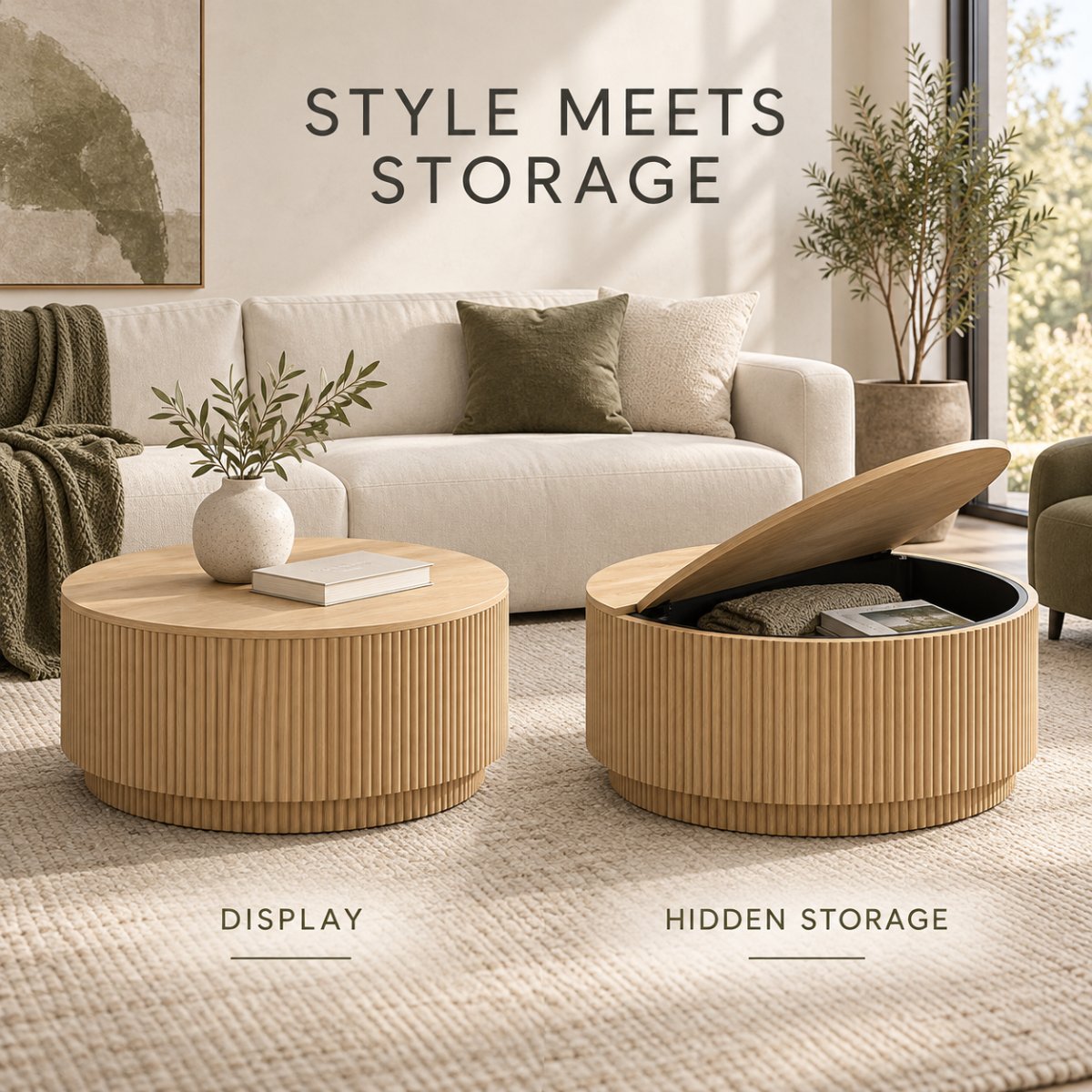 Juno Coffee Table — closed for display and open showing the hidden storage compartment