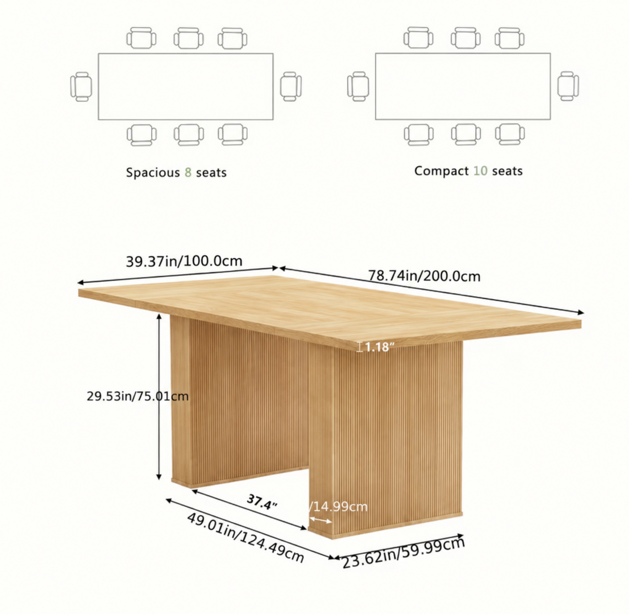 Marlow Set Natural table dimensions: 78.74 x 39.37 x 29.53 inches, seats 8 to 10