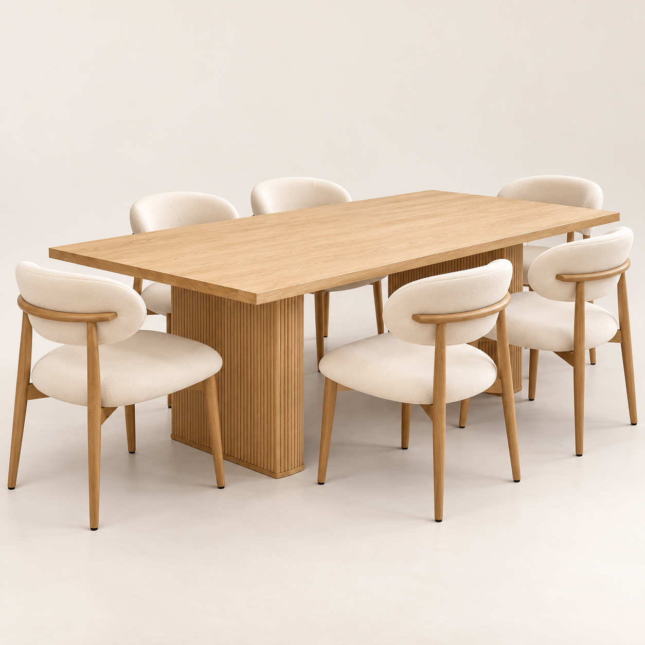 Marlow Set Natural — natural wood rectangular table with six cream upholstered chairs