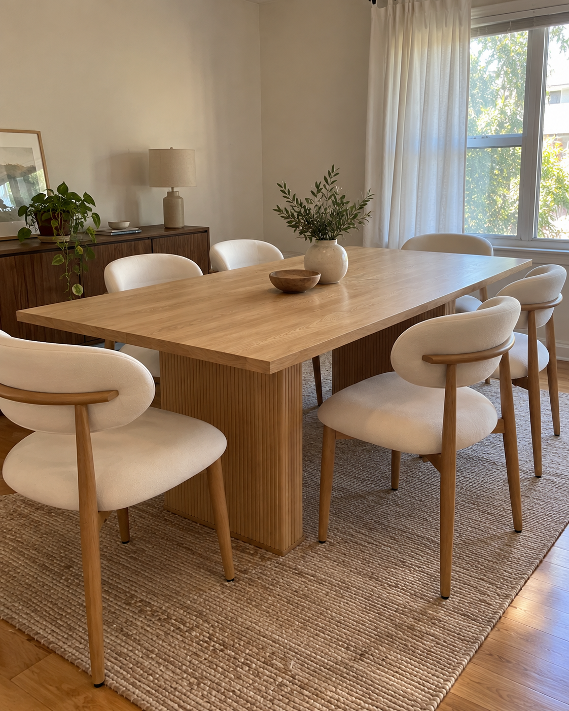 Marlow Set Natural 79-inch natural wood dining table with 6 chairs in a dining room (view 1 of 3)