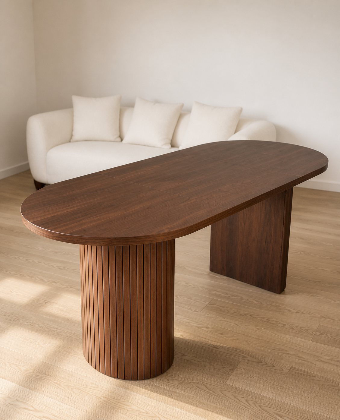 Nora Oval walnut oval dining table in a dining room, seats 6