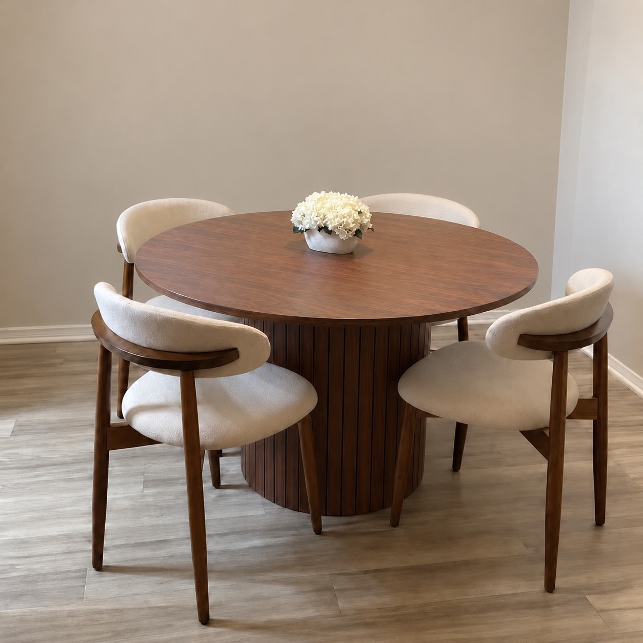 Odalie Round — Dark walnut, fluted pedestal · round + 4 chairs