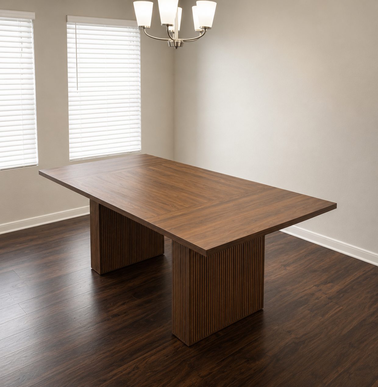 Nora Rectangular 78-inch walnut dining table with twin fluted pedestals