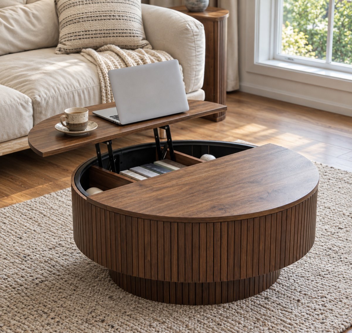 Sable Lift-Top — top lifted to laptop height with the hidden storage compartment open