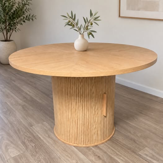 Thea Storage Round light oak round dining table with fluted storage base