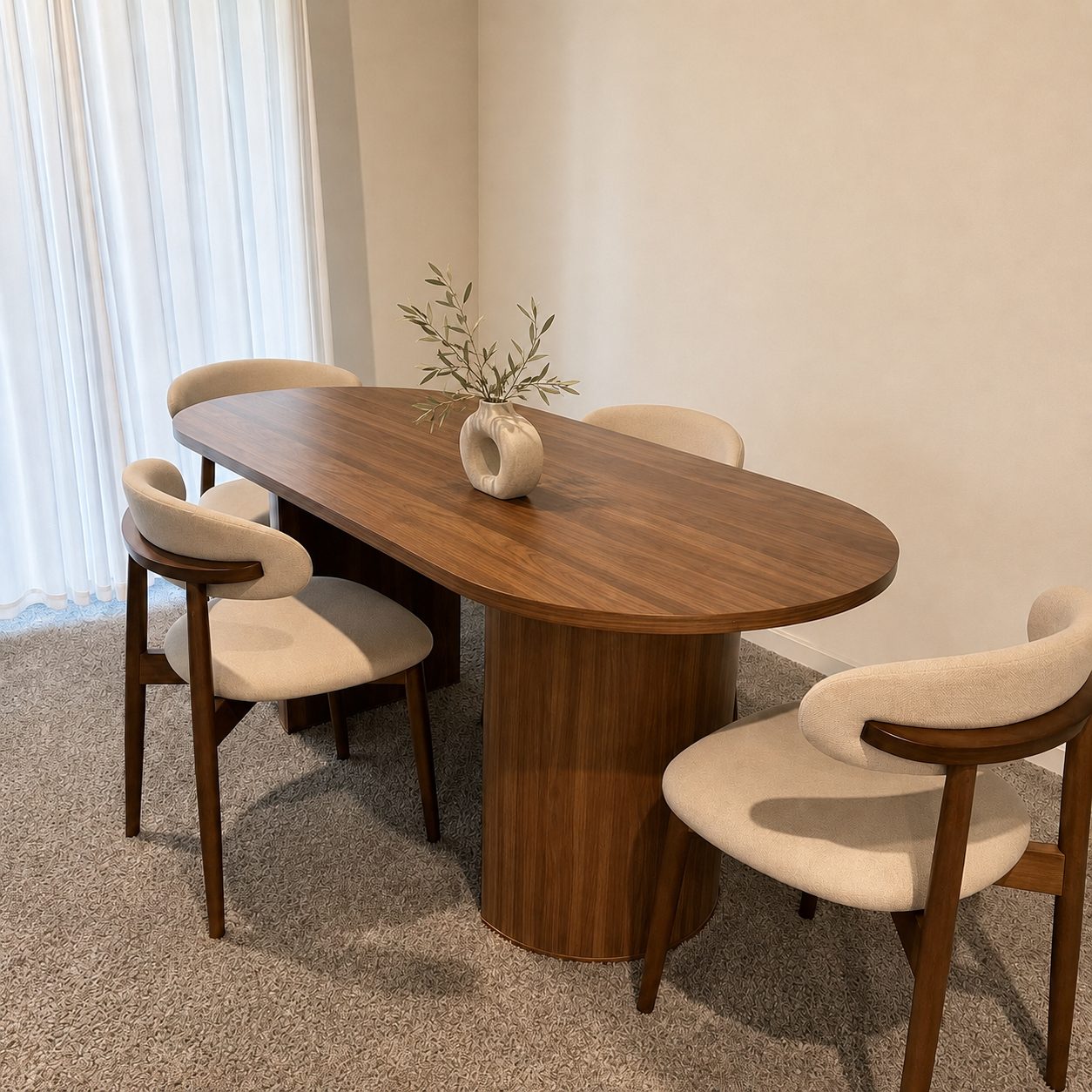 Vera Oval — Walnut, twin fluted pedestals · 71" oval + 4 chairs